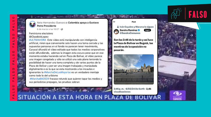 Colcheck's tweet image. #Falso 🧐En redes sociales afirmaron que Noticias Caracol había utilizado #IA para hacer ver más personas de las que había en la Plaza de Bolívar el #6M.

Al ubicar el video original encontramos que se trata de una transmisión en vivo de este noticiero.

👉acortar.link/jHqnVz