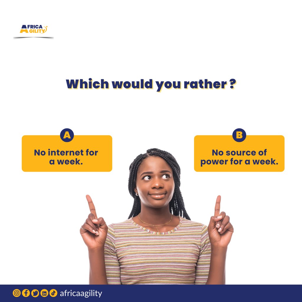 AfricaAgility's tweet photo. Imagine a week without power or internet—two modern essentials.
Which would you rather live without? ⚡📶
Let's hear your choice!
#AfricaAgility #OfflineChallenge #PowerVsInternet #Fun #Tuesdayfun #Tech https://t.co/Qrvns6d8ao