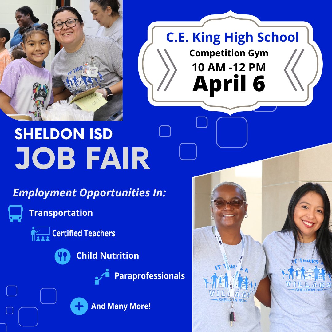 SheldonISD's tweet photo. Looking to join a great village of educators? Check out our job fair. Bring your resume on April 6th! https://t.co/CNQ1MiiILx