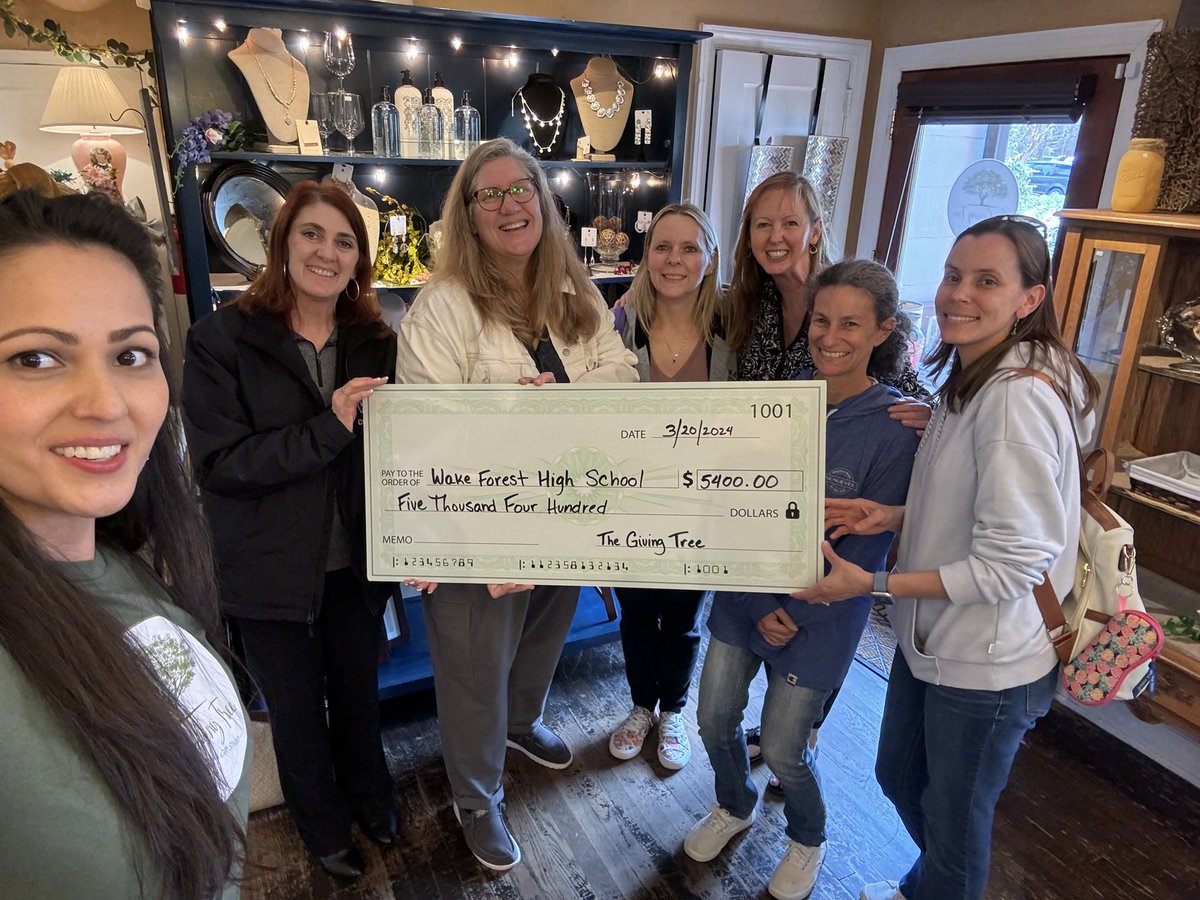 WFHSPTSA's tweet photo. We want to express a heartfelt THANK YOU to The Giving Tree Wake Forest for their continued generosity to us and our community. 🫶 WFHS finished first for the 4th year in a row, and The Giving Tree Wake Forest presented us with a check for $5,400!

#givingbacktothecommunity https://t.co/4NQij08Tm7