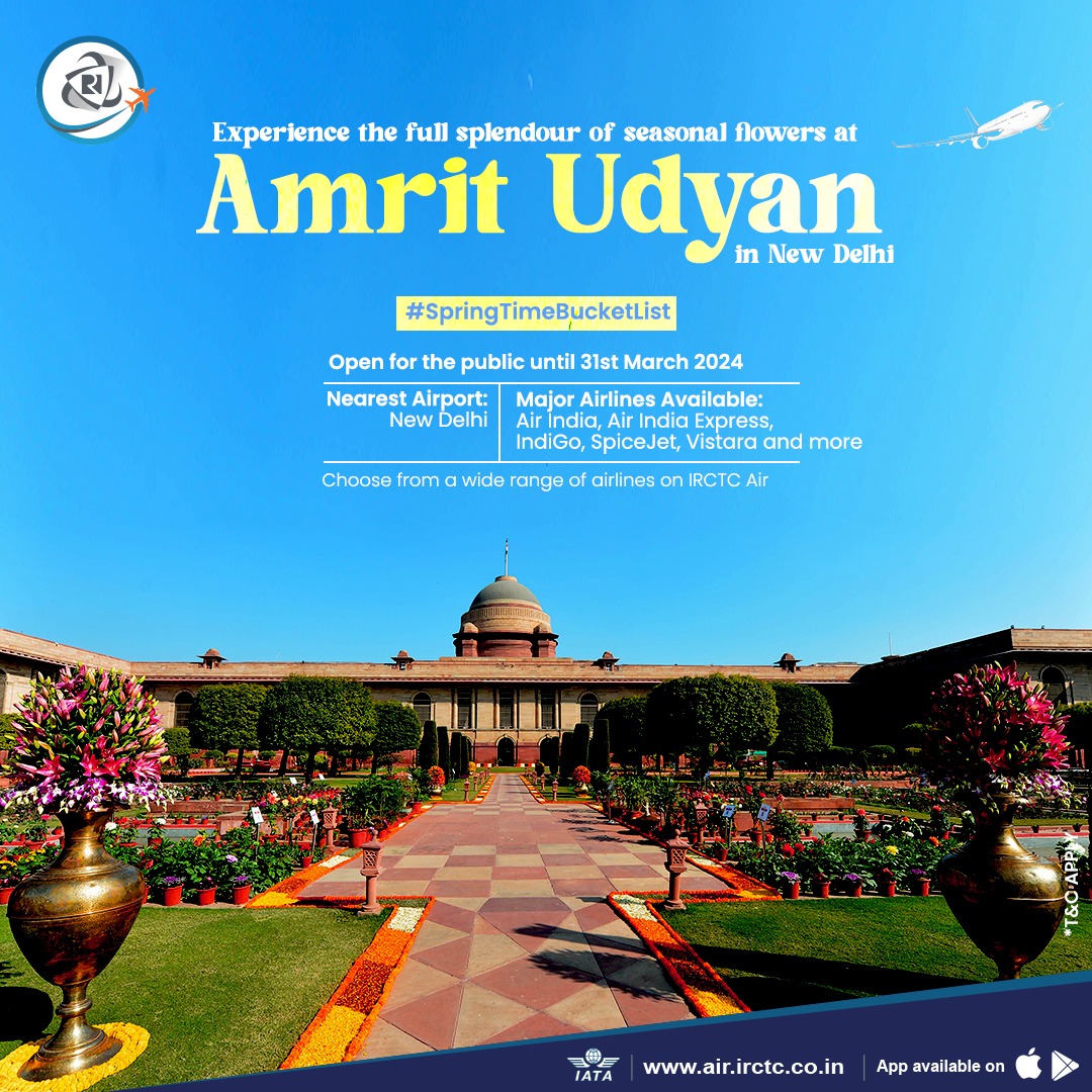 Admire the vibrant flowers at Rashtrapati Bhawan's Amrit Udyan, open to the public until 31st March 2024. 

Choose from a wide range of airlines on air.irctc.co.in or the #IRCTC #Air app and fly to New Delhi. 

#springtimebucketlist #amritudyan #rashtrapatibhavan