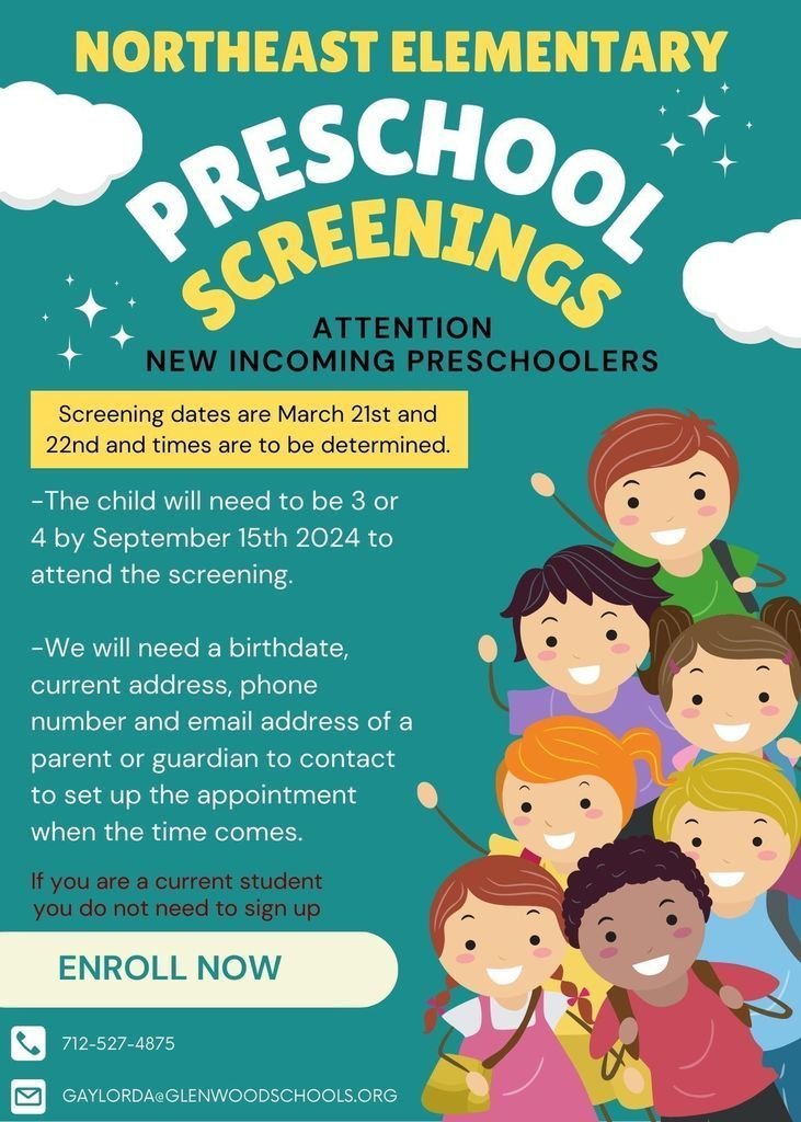 Attention all incoming preschool parents! Preschool screening information! There are still a few openings left! Please call Northeast at 712-527-4875 for any questions.