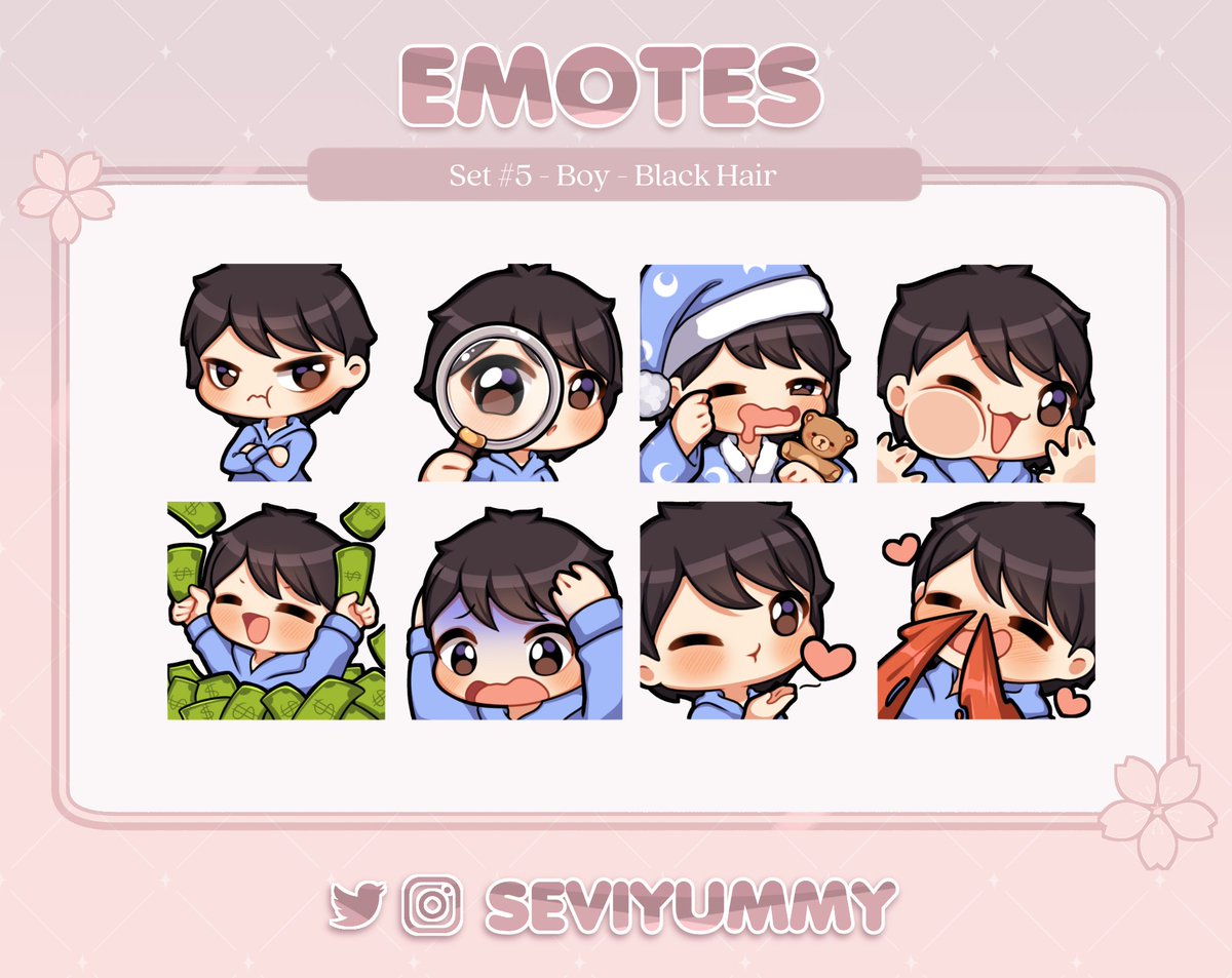 ✨New ✨ 
Sets of pre-made emotes!
🌸Chibi boys and girls with brown and black hair!🌸

Each set costs $10 usd ^^

You can find these and more here:
etsy.com/shop/SeviYummy
ko-fi.com/seviyummy/shop