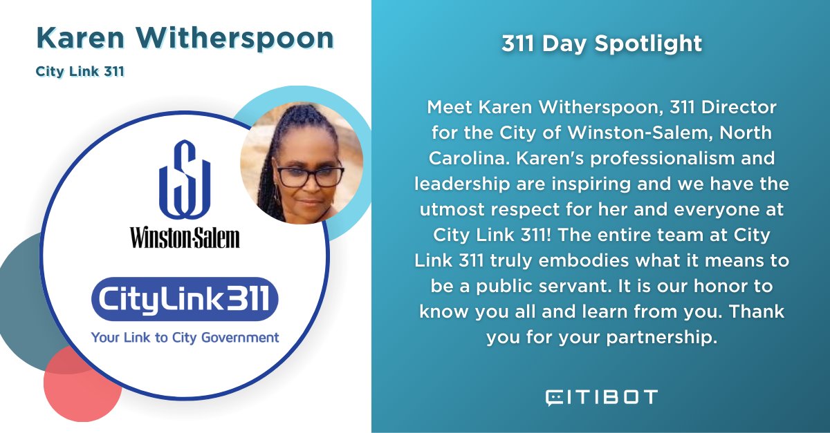 A heartfelt thank you to Karen Witherspoon and the dedicated City Link 311 team for their tireless efforts in serving the residents of City of Winston-Salem each and every day! 🌟 #311Day

#CitibotChat #LocalGov #CustomerService #CitizenEngagement #GovTech #CivicTech