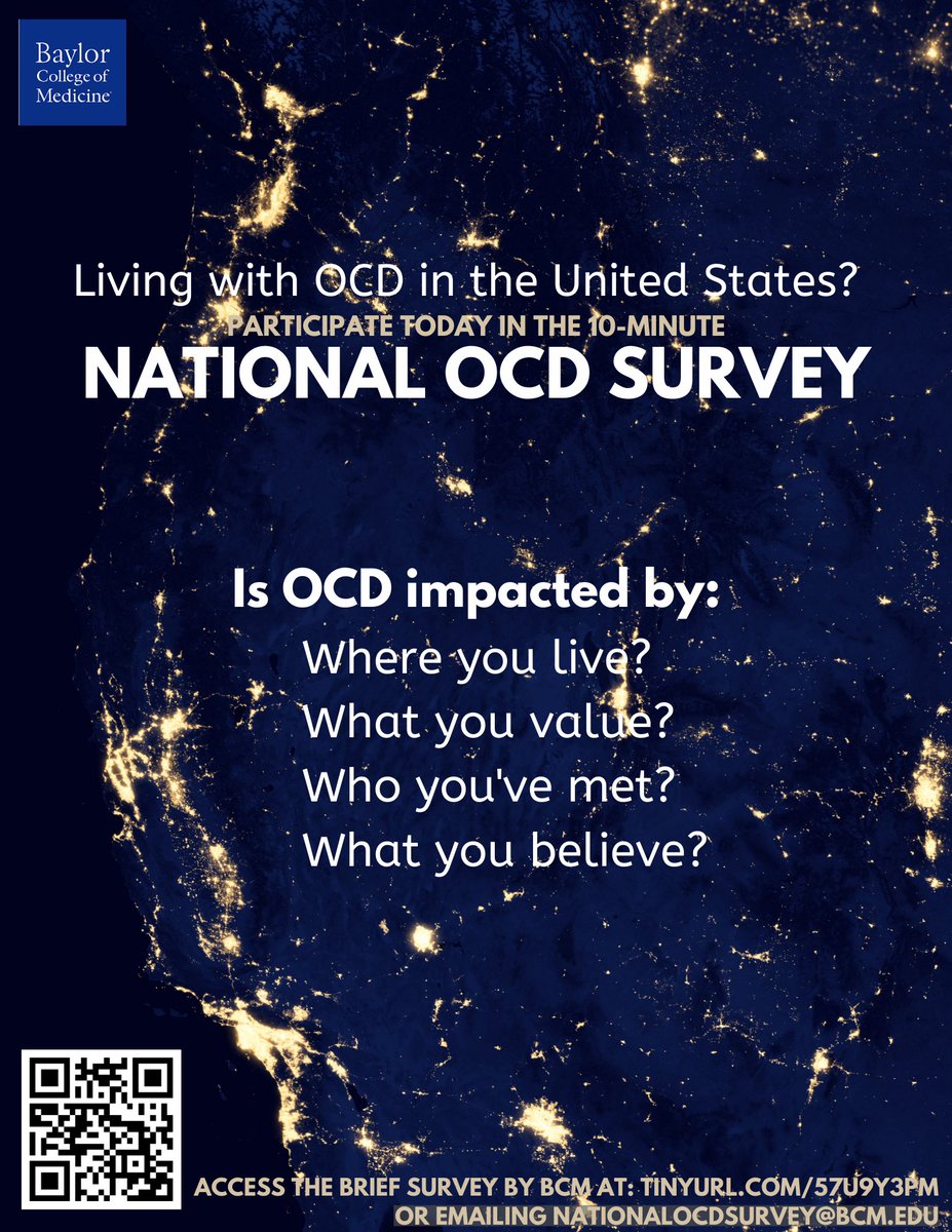 Have you participated yet in the National OCD survey? Eligible if you live in the U.S. and have ever had OCD. Please consider participating & sharing widely so we can represent all 50 states! Survey at tinyurl.com/57U9Y3PM or email NationalOCDSurvey@bcm.edu for questions.