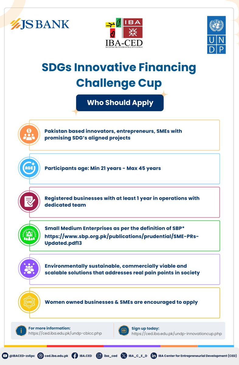 #UNDPinPakistan is proud to partner with @jsblpak & @Ibakarachi as we call for applications for our national SDGs Innovation Financing Challenge Cup. Pakistani private sector projects by individuals or firms are invited to submit their pitches focusing on climate action,