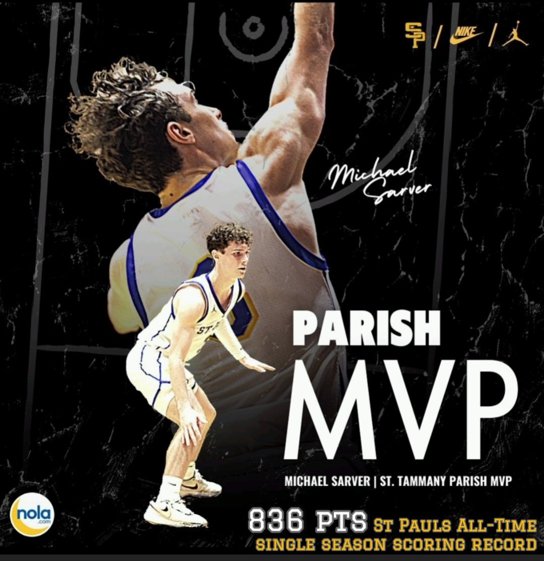 Congrats on memorable year @sarvermichael3 ! 1st Tm All-District St.Tammany All-Parish Parish Player of the Year @SaintPaulsHoops all-time single szn scoring record (836pts) @PrepHoopsLA @nolaprep @CCSprep @CoachP_Millsaps @GeauxPrepsLA @SBLive_LA @CoachCajunMoore @CoachRoryP