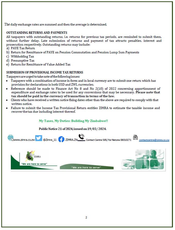 Public Notice 21 of 2024 First Quarter Provisional Income Tax Payment due 25 March 2024 zimra.co.zw/public-notices…