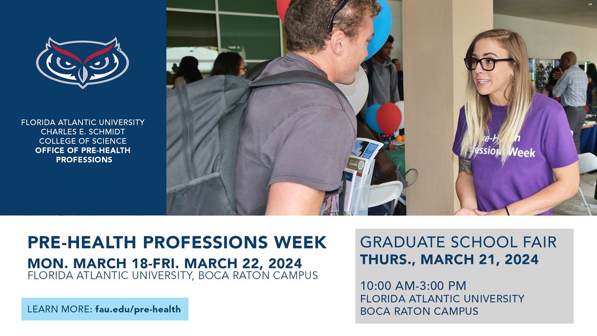 It's Pre-Health Professions Week 🏥 Check out the week-long schedule of activities on the Boca Raton campus - including the Graduate Admissions Fair on March 21 ➡️ bit.ly/4afA1fB