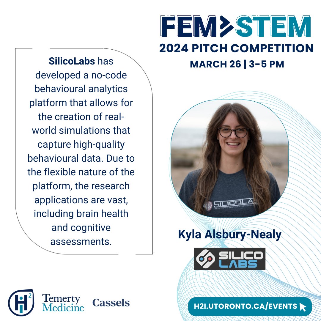 The 2024 FemSTEM Pitch Competition is taking place just one week from today! Get to know our next finalist @SilicoLabs, pitched by @KyAlsburyNealy 🎙️ Meet our finalists & register at: h2i.utoronto.ca/event/femstem-…