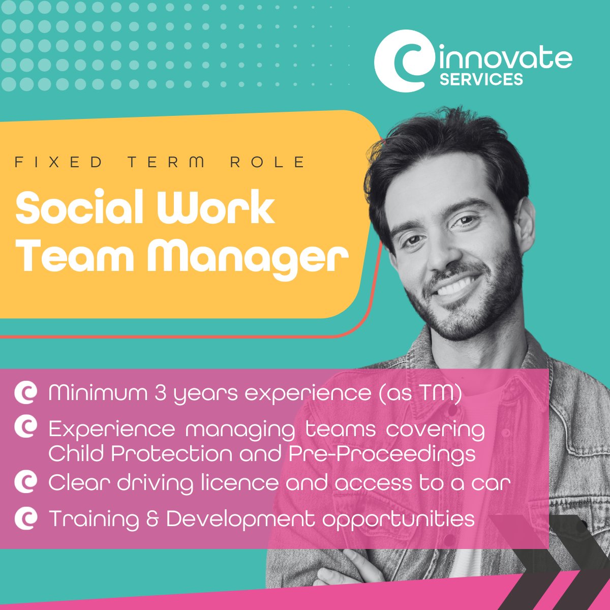 SOCIAL WORK TEAM MANAGER ROLE

⭐ Highly competitive salary
⭐ Access to ongoing training &amp; development 
⭐ 37 days annual leave (inc. of bank hols)
📌 South Midlands

📧 Please send your CV to: centralsupportservice@innovateservices.com
#socialworkjobs #fixedterm #safeguarding