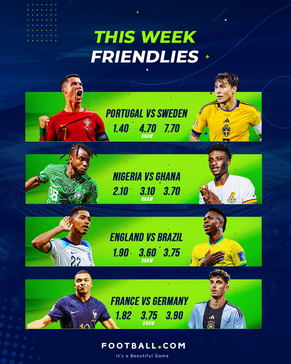 Thrilling actions expected for the international break! Which of the friendly games are you excited about? 🤩

Play on football.com 

#PlayBigWinBig #InternationalBreak #Footballdotcom