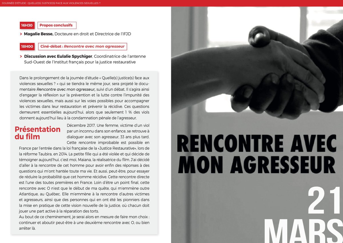 Ce jeudi 21 mars, l'IFJD organise, en partenariat avec l'IFTJ et le Collège EEI de l'@universite_uppa, une journée dédiée à la justice et aux violences sexuelles 📍 Campus de Bayonne, amphi A 💻 En ligne : inscription jusqu'au mercredi 20 : contact@ifjd.org 👉  18h-20h Ciné-débat