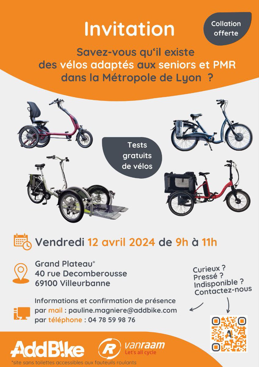 Grande nouvelle: la Rolls du vélo adapté, la marque hollandaise Van Raam, va être distribuée sur Lyon.
A cette occasion, une fête est organisée, ouverte à tou.te.s pour papoter, tester des vélos, réseauter...
📍 Grand Plateau à Villeurbanne  (La Soie)
🗓 vendredi 12 avril (matin)