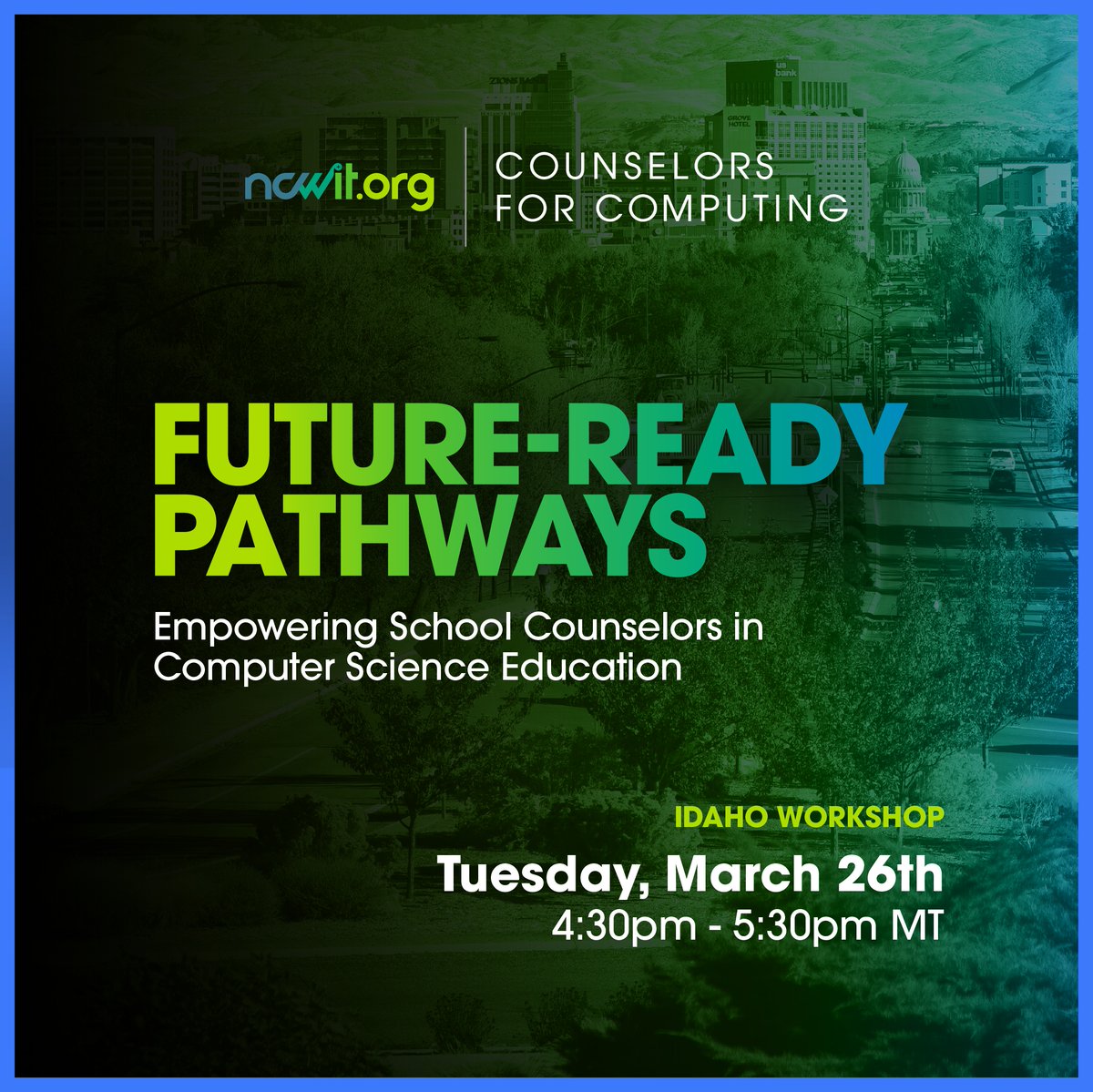 Just 1️⃣ week until the one-hour Future-Ready Pathways webinar: Empowering School Counselors in CS Education!

📅 March 26th

🕒 4:30 - 5:30 pm MT

Join us to amplify your impact as a counselor: bit.ly/IdahoC4CMarch2…

Open to ALL school and career counselors nationwide!
