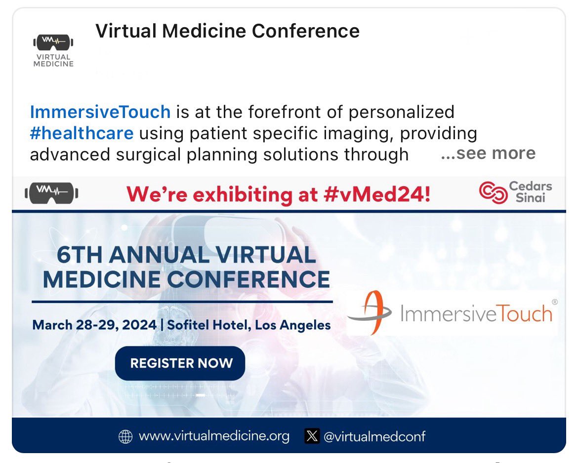 We’re inviting everyone to join us at #vMed24 to witness firsthand how our VR technology is transforming surgical planning, residents training, and patient education. Don’t miss this opportunity! Secure your tickets today!

Thank you, Virtual Medicine Conference!