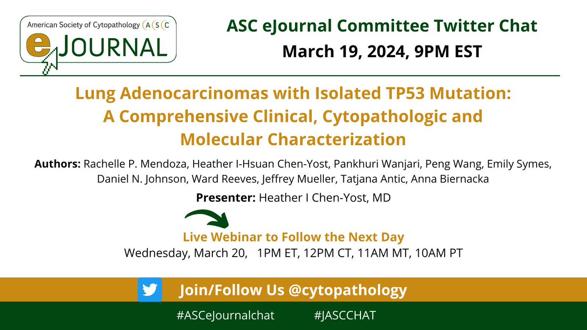 Join us for the ejournal live Twitter chat tonight at 9 pm ET, followed by a live webinar tomorrow, March 20 at 1 pm ET.
Register for the free webinar - buff.ly/42NsUIN 
#cyto #cytopathology