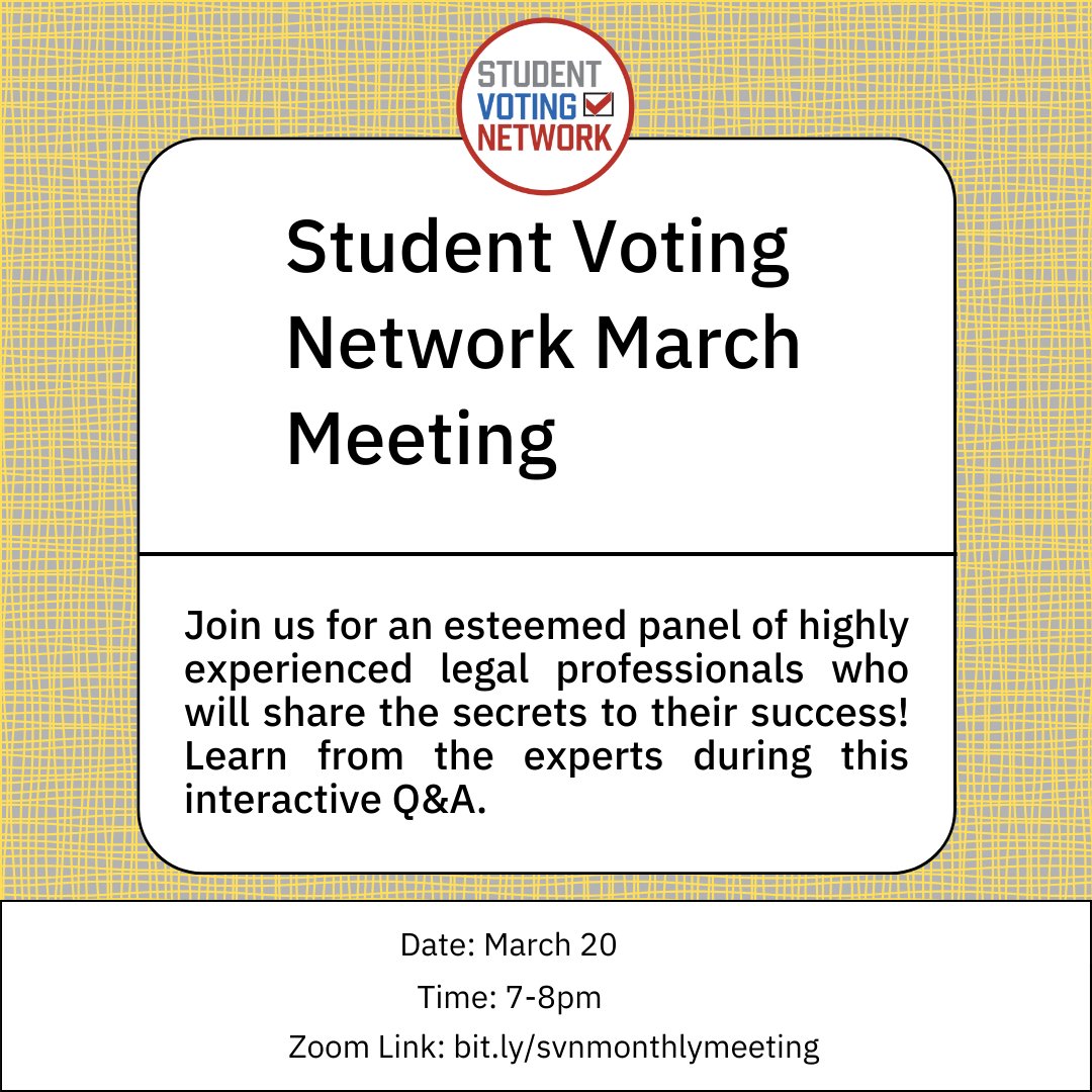 TOMORROW! The Student Voting Network will also explore various aspects of election law alongside a panel of legal professionals! ⁠ Don't miss this incredible opportunity. Mark your calendars for tomorrow, March 20 at 7 PM EST. bit.ly/svnmonthlymeet…