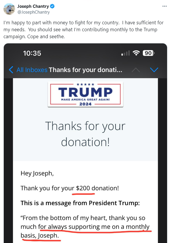 Joseph sends $200 EVERY MONTH to Donald Trump. Donald Trump, the 'billionaire.' Joseph also sends money to Elon to use a free service. To reach 436 followers. As you can see, Joseph is not the brightest rock in the pile.