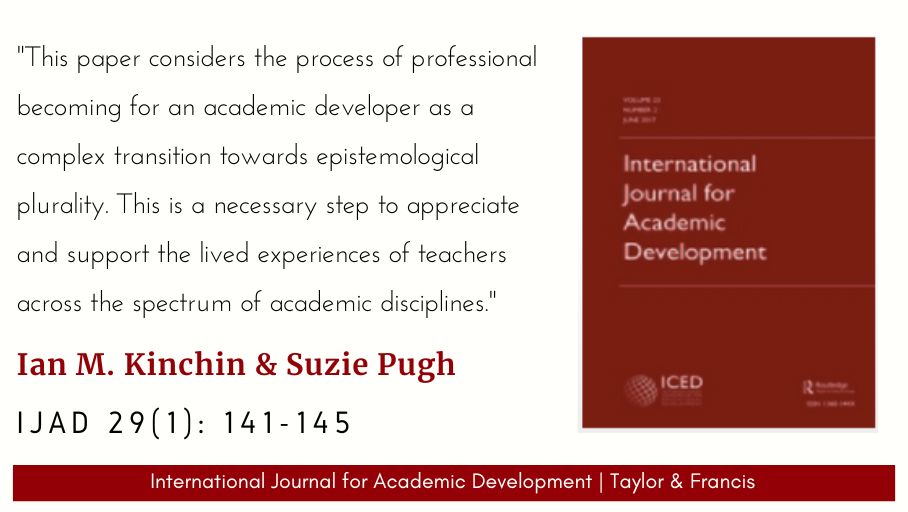 Latest issue: 'The complex transition to academic development: an ecological perspective' [Reflection on Practice], by @IanKinchin & @SooziePugh, IJAD 29(1), 2024 - doi.org/10.1080/136014…