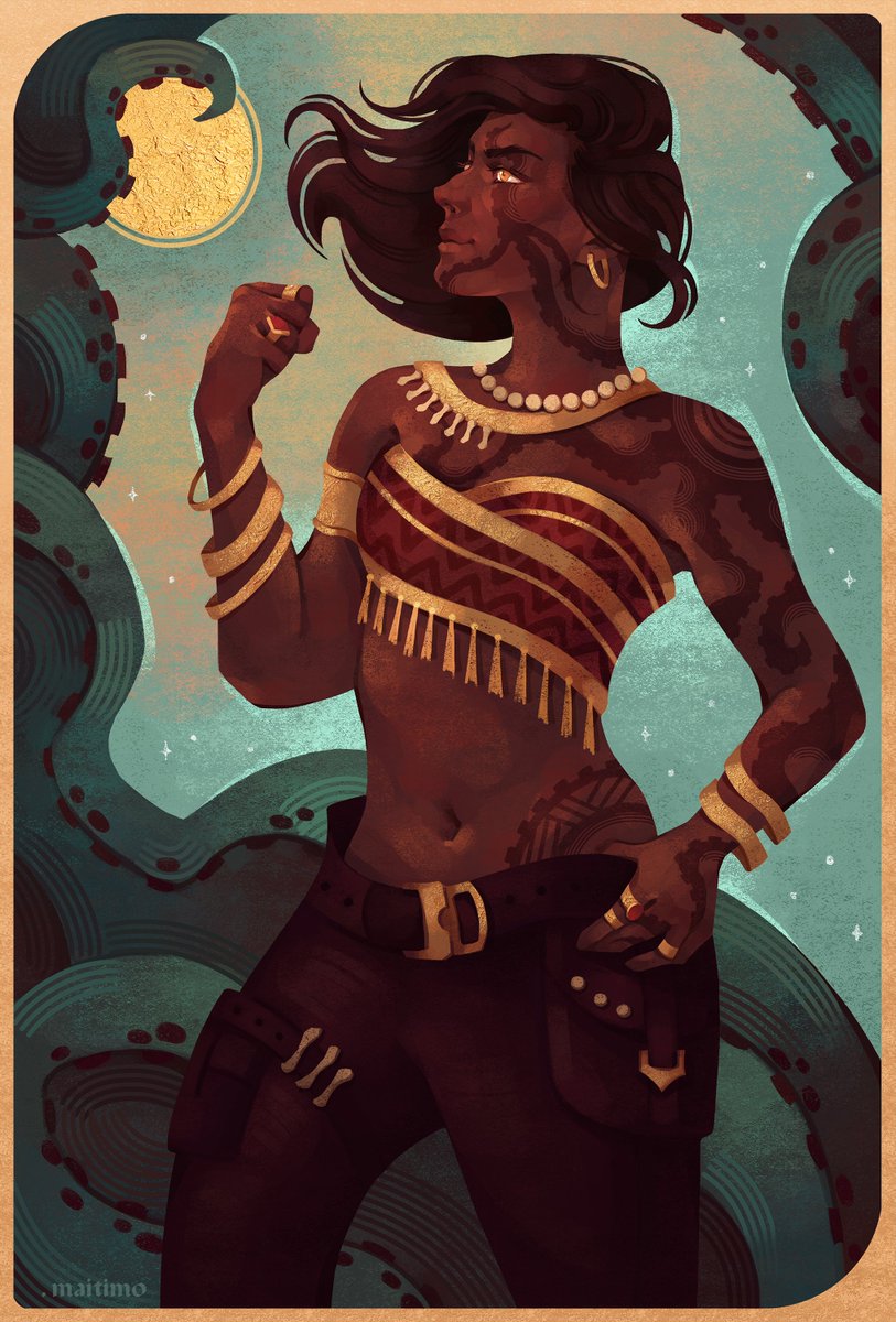 Tarot card of Metzli, the space pirate. Commission work. I loved her aesthetic so much! She also has a lot of gold jewelry, and I love drawing them :D #Commission