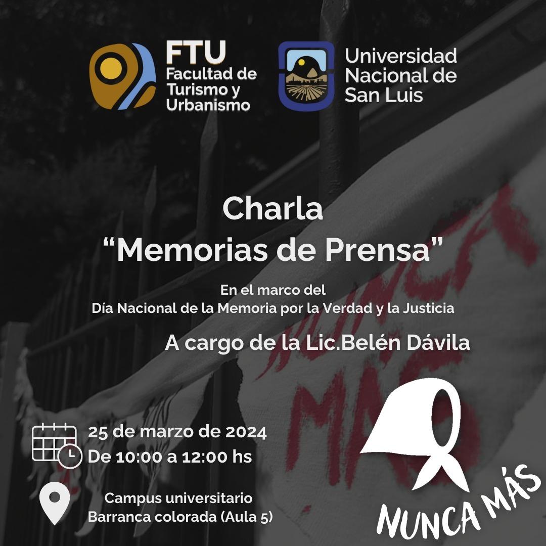 FtuMerlo's tweet image. Te invitamos a participar de la charla
&quot;Memorias de Prensa&quot; a cargo de la #egresada y #docente de la #UNSL, especializada en las violaciones a los #DerechosHumanos y los crímenes de lesa humanidad, Lic. Belén Dávila

📆 Lunes 25 de marzo
🕕 10:00 horas
📍 Campus Universitario FTU