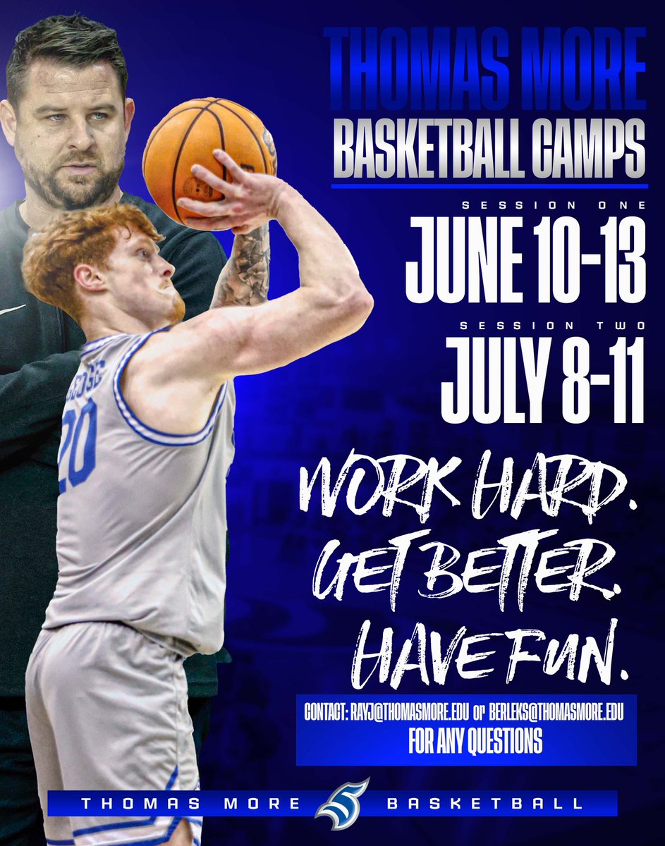 THOMAS MORE SAINTS BASKETBALL (@tmumensbball) on Twitter photo 🚨 CAMP SZN🚨
Join us this summer for our annual youth Basketball Camps.
Register Below: ⬇️⬇️⬇️⬇️
thomasmoresaints.com/sports/2022/7/…
For any questions: rayj@thomasmore.edu
berleks@thomasmore.edu
Work Hard. Get Better. Have Fun.
#LetsGoSaints 🚨 CAMP SZN🚨
Join us this summer for our annual youth Basketball Camps.
Register Below: ⬇️⬇️⬇️⬇️
thomasmoresaints.com/sports/2022/7/…
For any questions: rayj@thomasmore.edu
berleks@thomasmore.edu
Work Hard. Get Better. Have Fun.
#LetsGoSaints