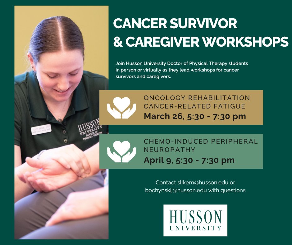 The Husson University School of Physical Therapy is hosting two free workshops for cancer survivors and caregivers. For those who are unable to attend in person, these events will also be available virtually. Register today at: rb.gy/wfotqa