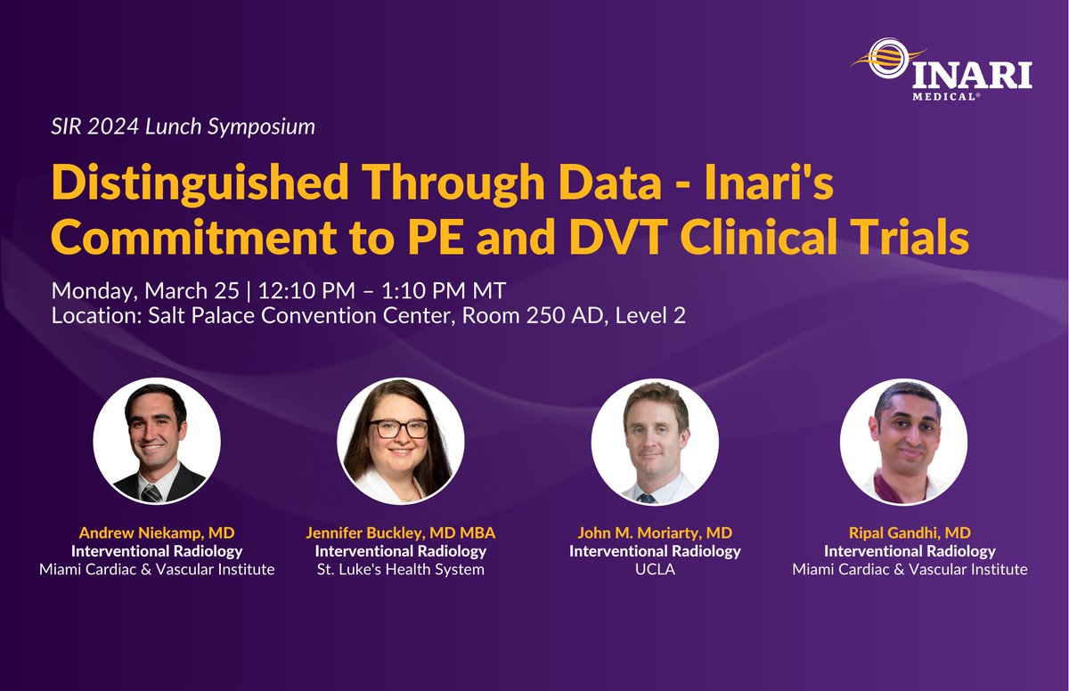 Next week at #SIR24SLC: Distinguished Through Data - Inari's Commitment to #PE and #DVT Clinical Trials. Topics of discussion include #VTE history, clinical data &amp; more.