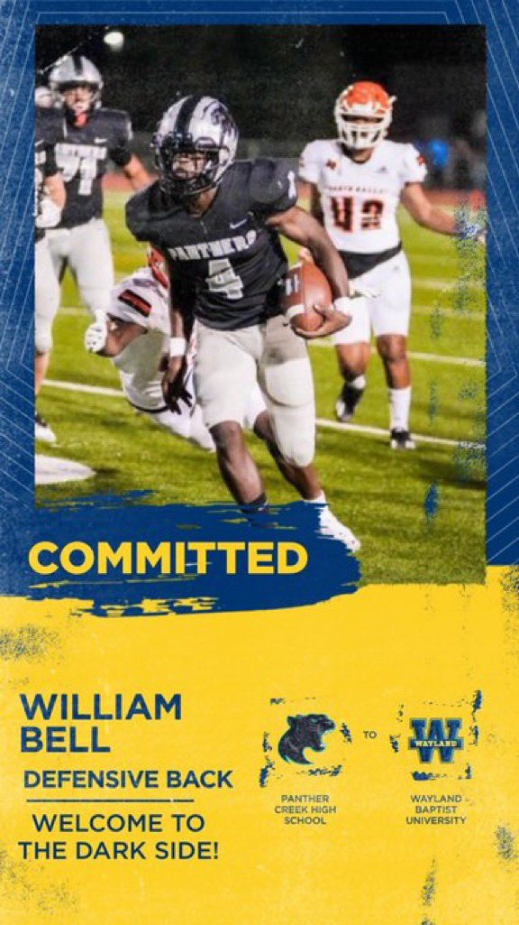 William bell (@williambell2217) on Twitter photo I would like to say I’m blessed to be able to announce my
Commitment to #AGTG <a href="/WaylandBaptist/">Wayland Baptist Univ</a>  <a href="/CoachJaredCate/">Jared Cate</a> <a href="/PCHSfriscoFB/">Panther Creek Football Recruiting</a> <a href="/clintsurratt/">Clint Surratt</a> <a href="/4_Strong/">Ryan Wilson</a> <a href="/Coach_SJennings/">Spencer Jennings</a>  <a href="/CoachWalser/">Thomas Walser MSSA</a> I would like to say I’m blessed to be able to announce my
Commitment to #AGTG <a href="/WaylandBaptist/">Wayland Baptist Univ</a>  <a href="/CoachJaredCate/">Jared Cate</a> <a href="/PCHSfriscoFB/">Panther Creek Football Recruiting</a> <a href="/clintsurratt/">Clint Surratt</a> <a href="/4_Strong/">Ryan Wilson</a> <a href="/Coach_SJennings/">Spencer Jennings</a>  <a href="/CoachWalser/">Thomas Walser MSSA</a>