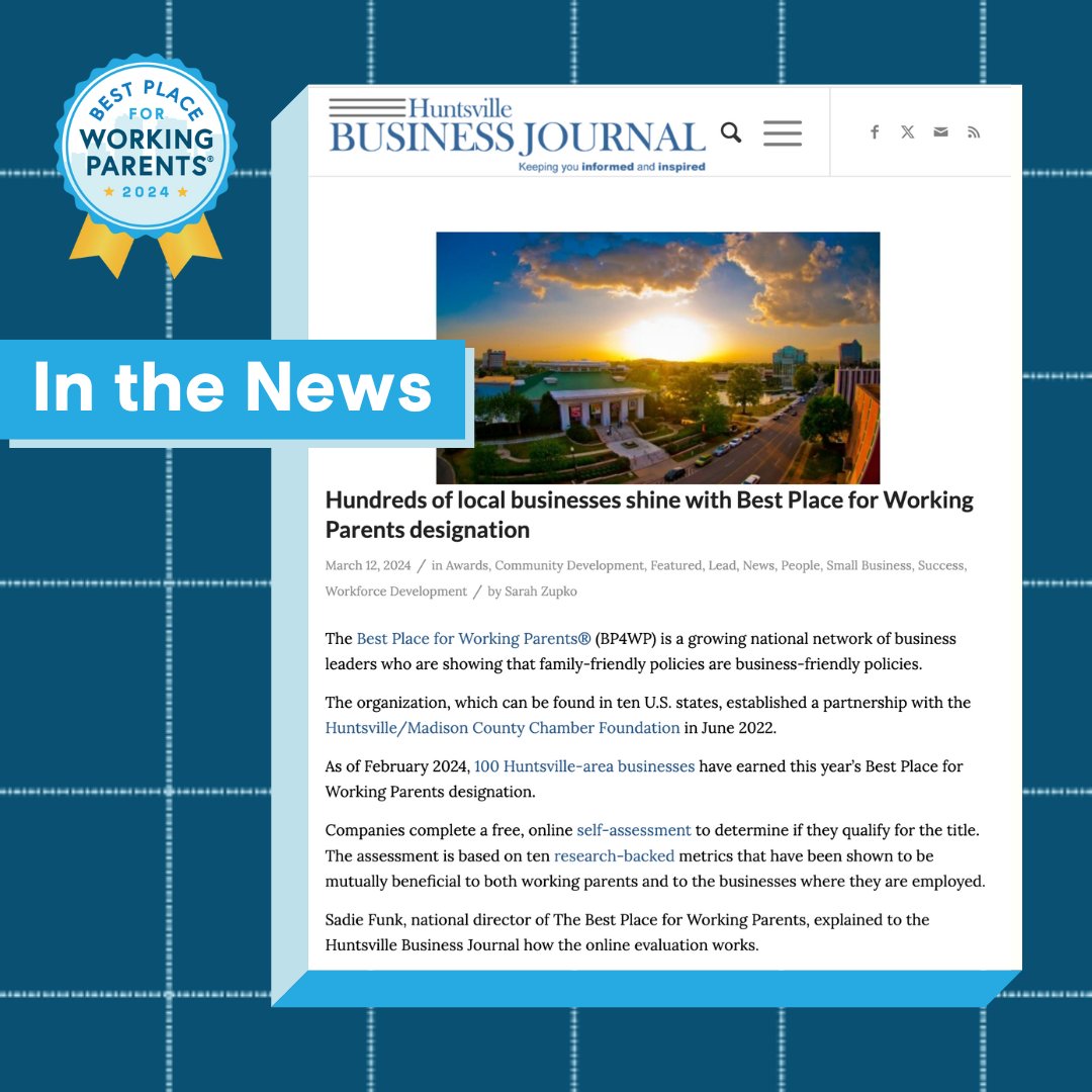 Thank you, @HsvBizJournal, for highlighting how Hunstville is a leading region for attracting and retaining talent. 

BP4WP businesses are proving ​​that family-friendly policies are indeed good for business. 

Check out the feature: bit.ly/49L0wcV