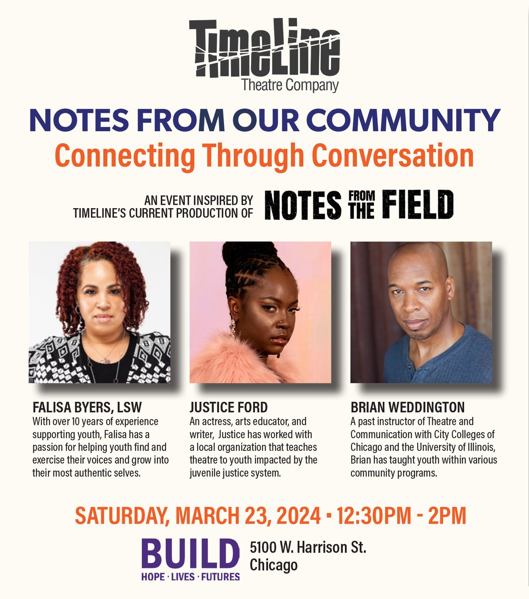 📅 This weekend! Join TimeLine for a FREE community event inspired by NOTES FROM THE FIELD. This SAT 3/23 from 12:30–2pm come hang out with us at @buildchicago for an intergenerational community convo & art-making event! Make your FREE reservation now >> timelinetheatre.com/notes-communit…