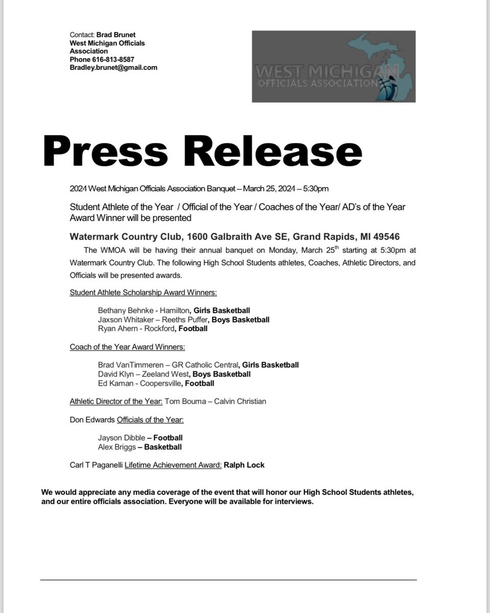 The WMOA will be holding their annual banquet on Monday, March 25th. 

Would appreciate any media coverage of this event for the officials, student athletes, &amp; coaches.