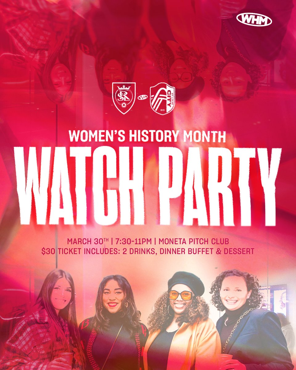 Join us on March 30 as we continue to celebrate #WomensHistoryMonth with a special watch party at CITYPARK! 📆 Saturday 3/30 🕢 7:30-11PM CT 📺 #RSLvSTL 📍 Moneta Pitch Club 🏟️ @stlCITYPARK 🍻 Food & Drinks for $30 🎟️ seatgeek.com/citypark-ticke…