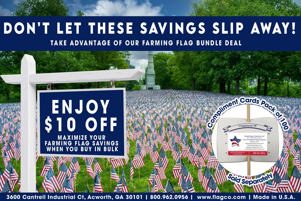 Stock up, save up! Deck out your community in patriotic style without breaking the bank! We currently have a bundle deal for our USA-made farming flags. Save $10 when you buy 6 or more packs of 100-count flags! flagco.com/flags/us-flags…