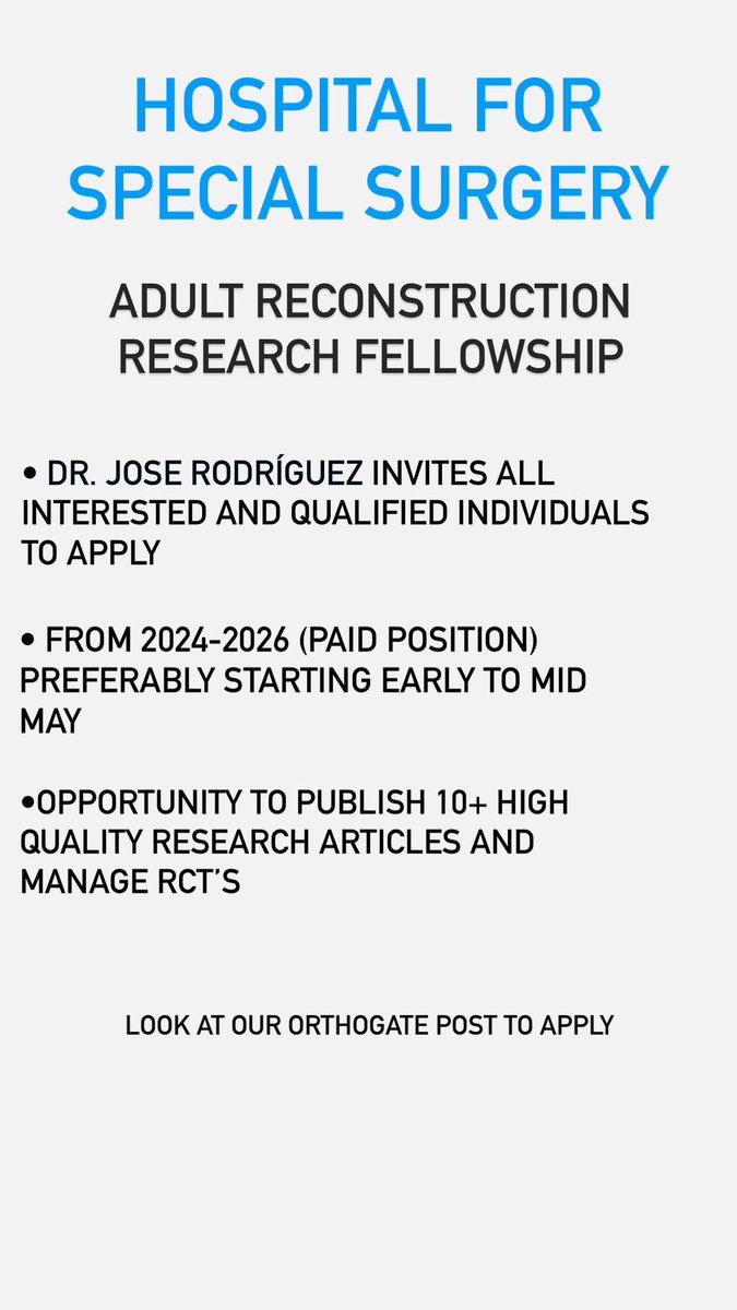 Orthopedic Surgery Research Opportunity with Dr. Jose Rodriguez at @HSpecialSurgery. Learn more about the opportunity: orthogate.org/forums/medical… @MSOSOrtho