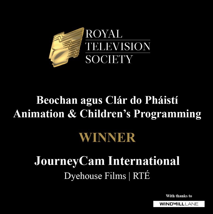 @CNaM_ie @MiaKatja @eggpost @five_mile_films @SkyIreland Best Animation & Children’s Programming/ Beochan agus Clár do Pháistí, with thanks to @windmilllane  🏆 WINNER: JourneyCam International @dyehousefilms | @rte #RTSIrelandAwards