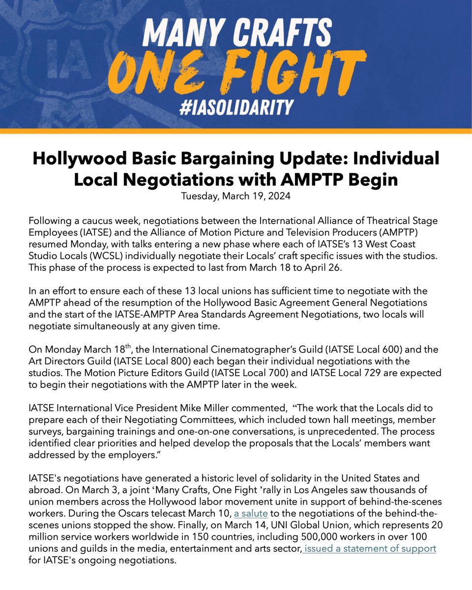 Hollywood Basic Bargaining Update: Individual Local Negotiations with AMPTP begin

Following a caucus week, talks entered a new phase where each of IATSE’s 13 West Coast Studio Locals (WCSL) individually negotiate their Locals’ craft specific issues with the studios. This phase