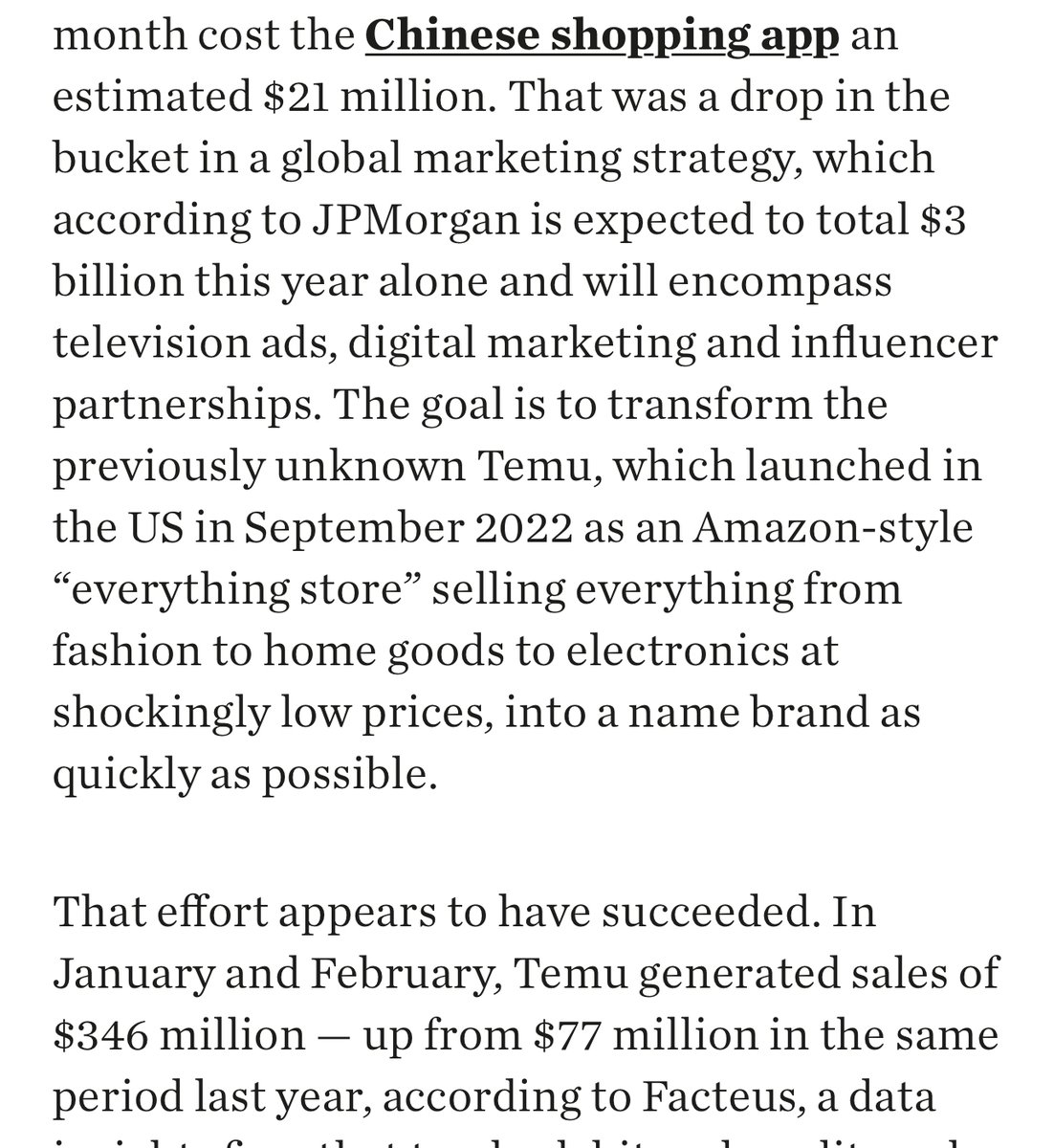 Temu proving that you really can just outspend your competitors 

cc <a href="/Cathaleen_Chen/">Cathaleen Chen</a> <a href="/BoF/">The Business of Fashion</a>