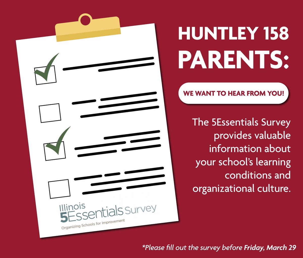 ‼️REMINDER: Complete the 5Essentials Survey in order to share your feedback on Huntley 158 schools. Your participation in this effort is critical as it helps guide district and school improvement planning each year.

📝TAKE THE SURVEY: survey.5-essentials.org/illinois/?fbcl…