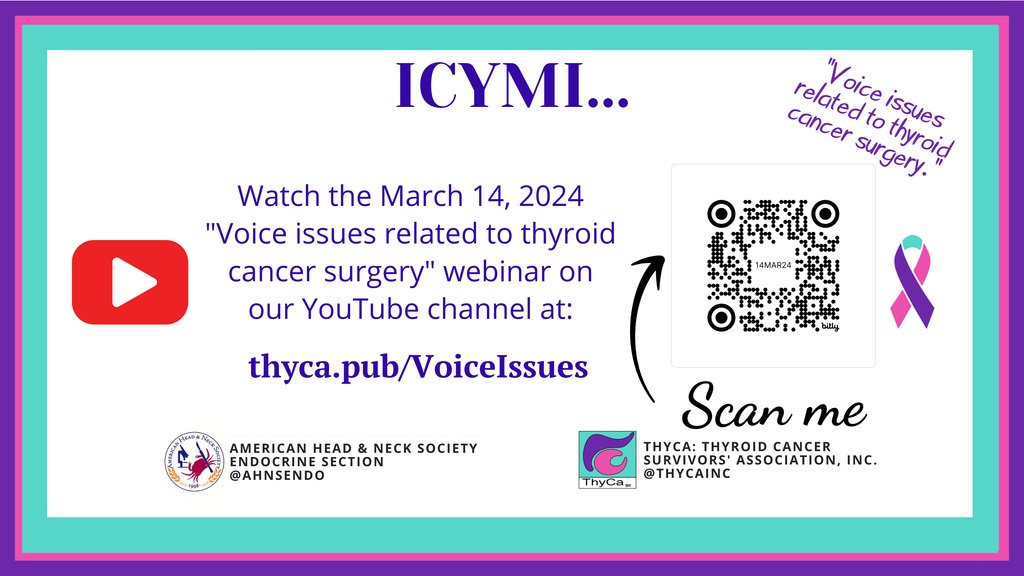 ThyCa Inc. (@thycainc) on Twitter photo Last week there was a great session co-hosted by <a href="/AHNSEndo/">AHNS-Endocrine Section</a> & <a href="/ThyCaInc/">ThyCa Inc.</a> on voice issues. In Case You Missed It...
Tune in here: thyca.pub/VoiceIssues or scan the QR code
#ThyroidCancer #ThyCa #ThyroidCancerSurvivor #ThyCaSurvivor #ThyroidCancerWarrior #ThyCaWarrior Last week there was a great session co-hosted by <a href="/AHNSEndo/">AHNS-Endocrine Section</a> & <a href="/ThyCaInc/">ThyCa Inc.</a> on voice issues. In Case You Missed It...
Tune in here: thyca.pub/VoiceIssues or scan the QR code
#ThyroidCancer #ThyCa #ThyroidCancerSurvivor #ThyCaSurvivor #ThyroidCancerWarrior #ThyCaWarrior