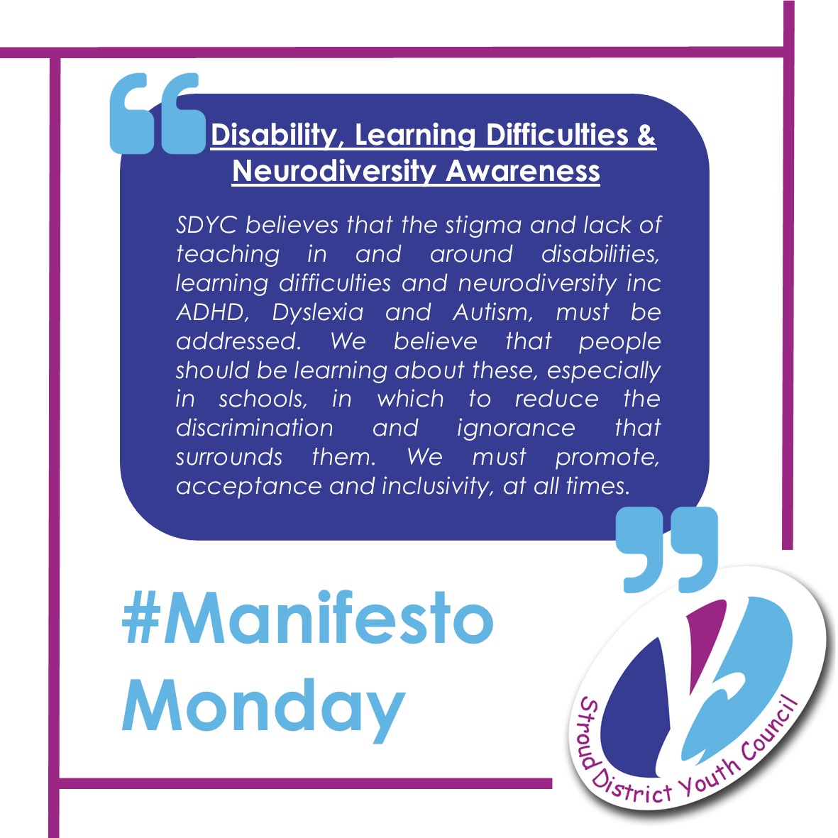 Our 2023/24 social media campaign series continues with a spotlight on Neurodiversity. The #ManifestoMonday initiative shares one of SDYC's Manifesto statements & reflects the diversity of SDYC's work & the issues affecting young people🗣️📣🌈👍🫶👌😃💞 #NeurodiversityWeek
