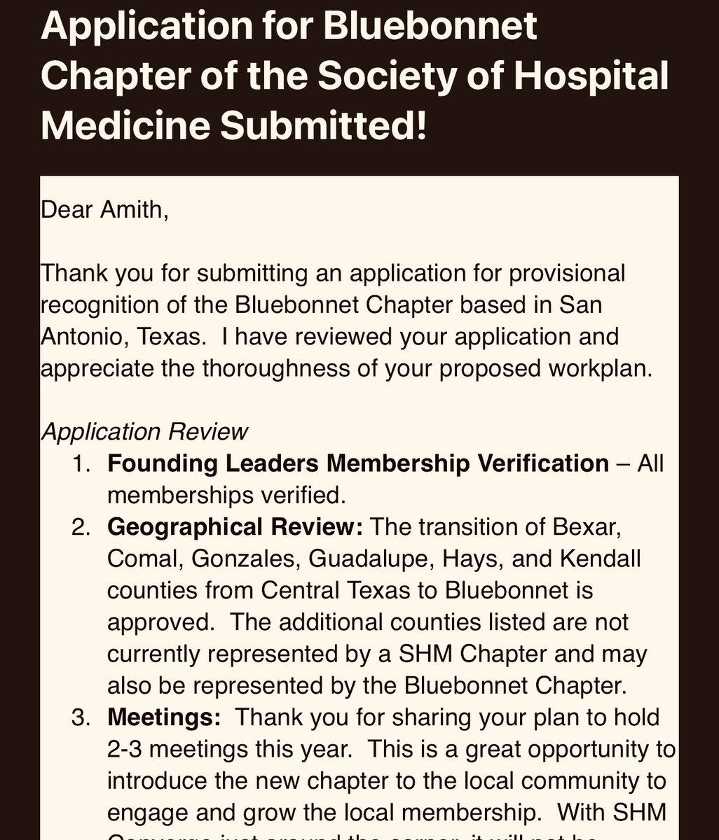🌟 Exciting News! 🌟 
Bluebonnet Chapter approved for <a href="/SocietyHospMed/">Society of Hospital Medicine</a>! Meet our stellar team: Dr. John Cunningham (President), Dr. Rama Naga Vura &amp; Dr. Nico-Al Gotera (Vice Presidents), Suzzane Sonnenberg NP (Secretary). Drawing on my experience to guide this new chapter. 🚀