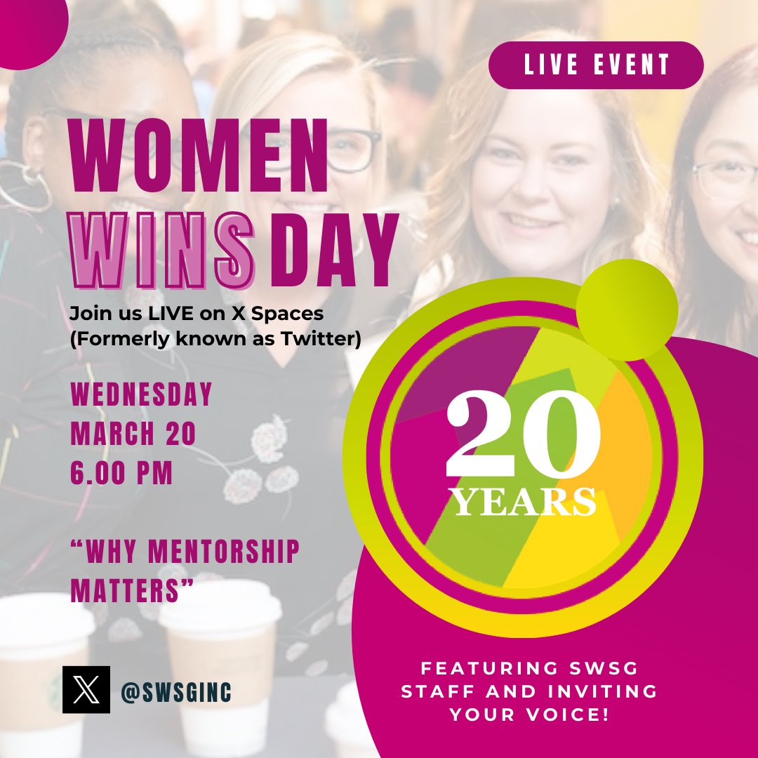 SWSGInc's tweet photo. Join us tomorrow for our first LIVE space on #WomenWINSday 🎉 We will be discussing #WhyMentorshipMatters with @SWSGBoston &amp; @SWSGpgh ! See you tomorrow at 6pm EST 🍿 https://t.co/fi3nwHtrcA