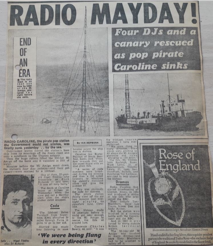 Sun Newspaper after the Mi Amigo sank! Note the “Four DJ’s and a Canary headline a few years before the 3 Men and a Baby film title😹