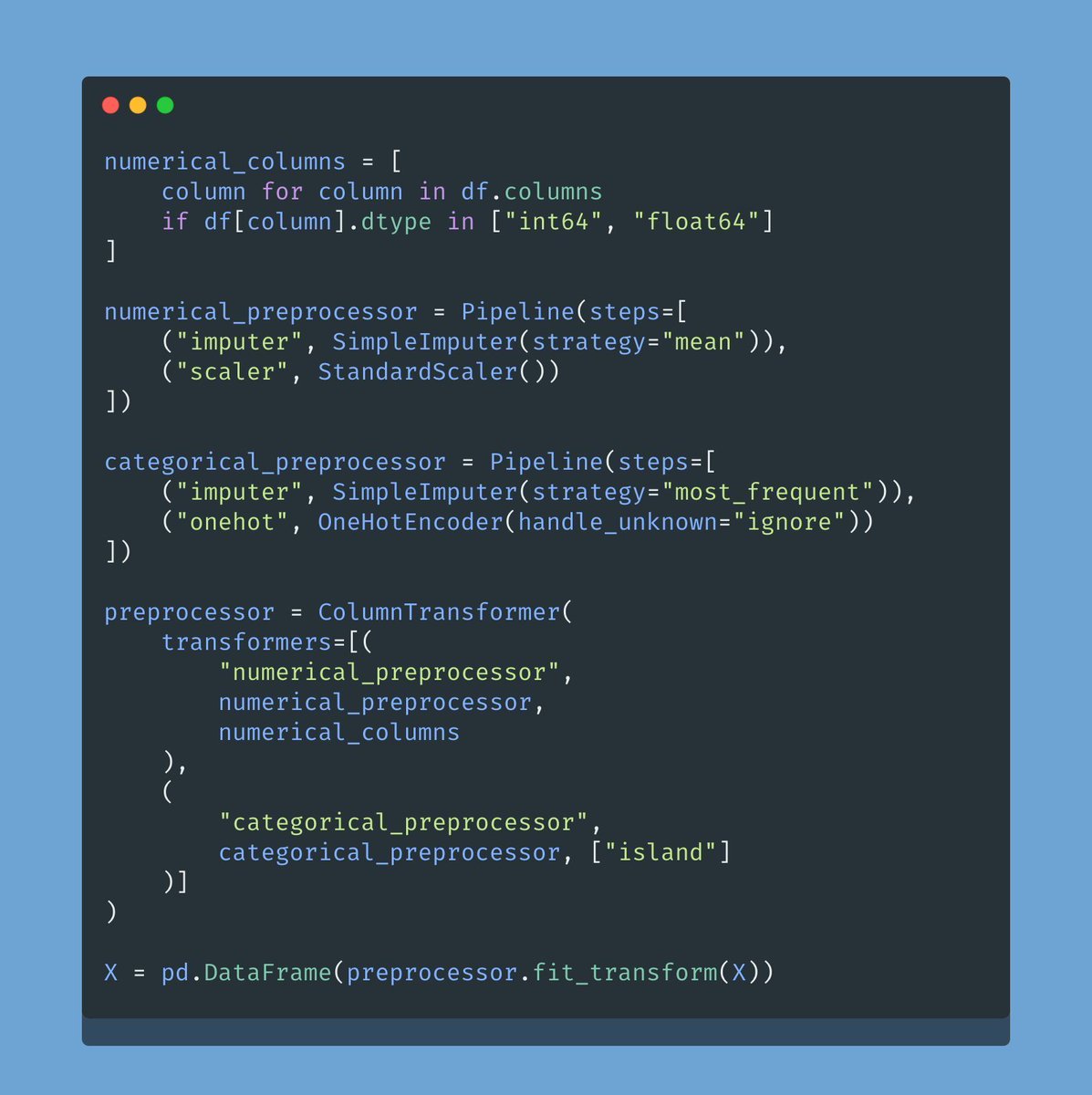 svpino's tweet photo. One of the biggest mistakes data scientists make:

They don't use pipelines.

Pipelines will instantly improve your data transformation and training processes.

Three advantages:

• Cleaner code
• More robust
• Easier to deploy in production

Example attached. https://t.co/pxxcat3lN5