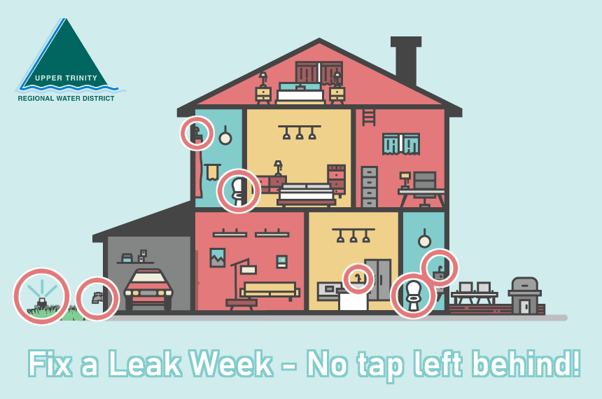 UTRWD's tweet image. Household leaks may be small, but they add up quickly! The average home loses up to 10,000 gallons of water per year due to leaks - the equivalent of 300 loads of laundry! Find out where to look for leaks at utrwd.com/saving-water/s… #FixaLeakWeek #FindItFixIt @EPAWaterSense