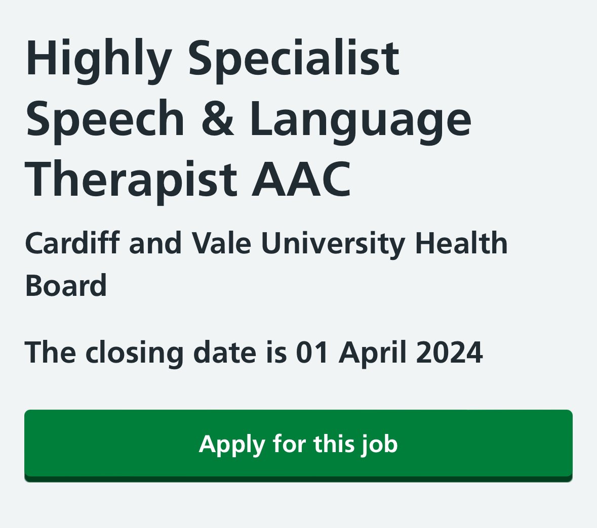 Natalie Lennard (@nat_lennard) on Twitter photo jobs.nhs.uk/candidate/joba…
Do you enjoy service development, training & have an interest in adults with acquired communication difficulties? Please get in touch about our B7 AAC opportunity ❤️ <a href="/CV_UHB/">Cardiff and Vale University Health Board</a> <a href="/CAVUHB_SLT/">Cardiff & Vale Adult Speech & Lang Therapy</a> <a href="/RCSLT/">RCSLT 💙</a> @RCSLT_Jobs <a href="/RCSLTWales/">RCSLT Wales</a> jobs.nhs.uk/candidate/joba…
Do you enjoy service development, training & have an interest in adults with acquired communication difficulties? Please get in touch about our B7 AAC opportunity ❤️ <a href="/CV_UHB/">Cardiff and Vale University Health Board</a> <a href="/CAVUHB_SLT/">Cardiff & Vale Adult Speech & Lang Therapy</a> <a href="/RCSLT/">RCSLT 💙</a> @RCSLT_Jobs <a href="/RCSLTWales/">RCSLT Wales</a>