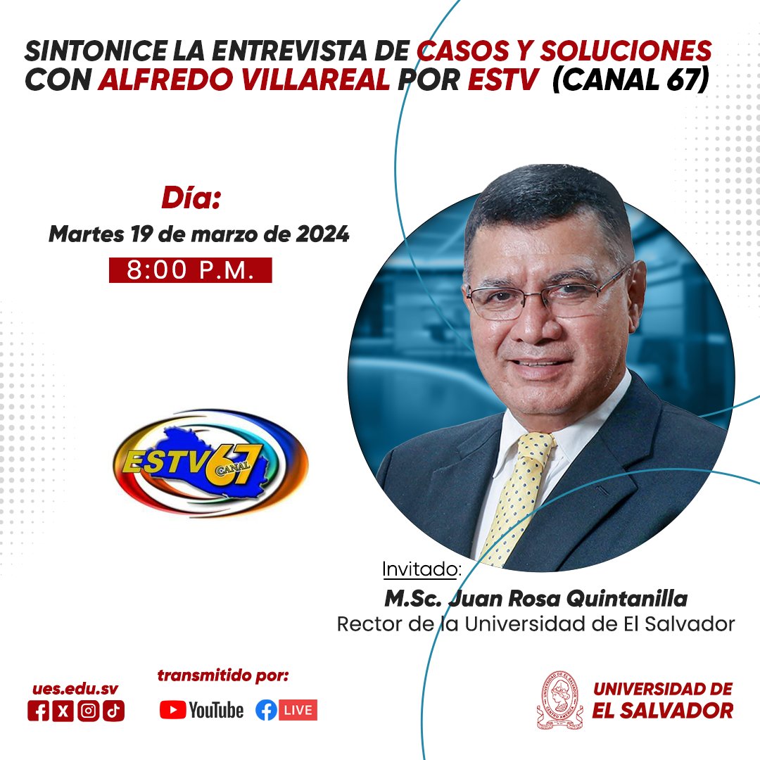 ¡Conoce mucho más sobre los proyectos de #LaUES así como sus retos ante las deficiencias presupuestarias en una imperdible plática que tendrá nuestro rector, <a href="/juanrosaues/">Juan Rosa Quintanilla</a>, en "Casos y Soluciones" por ESTV 67 Canal! 🎓💼

¡No te lo perdás para estar en contexto! 📺👀