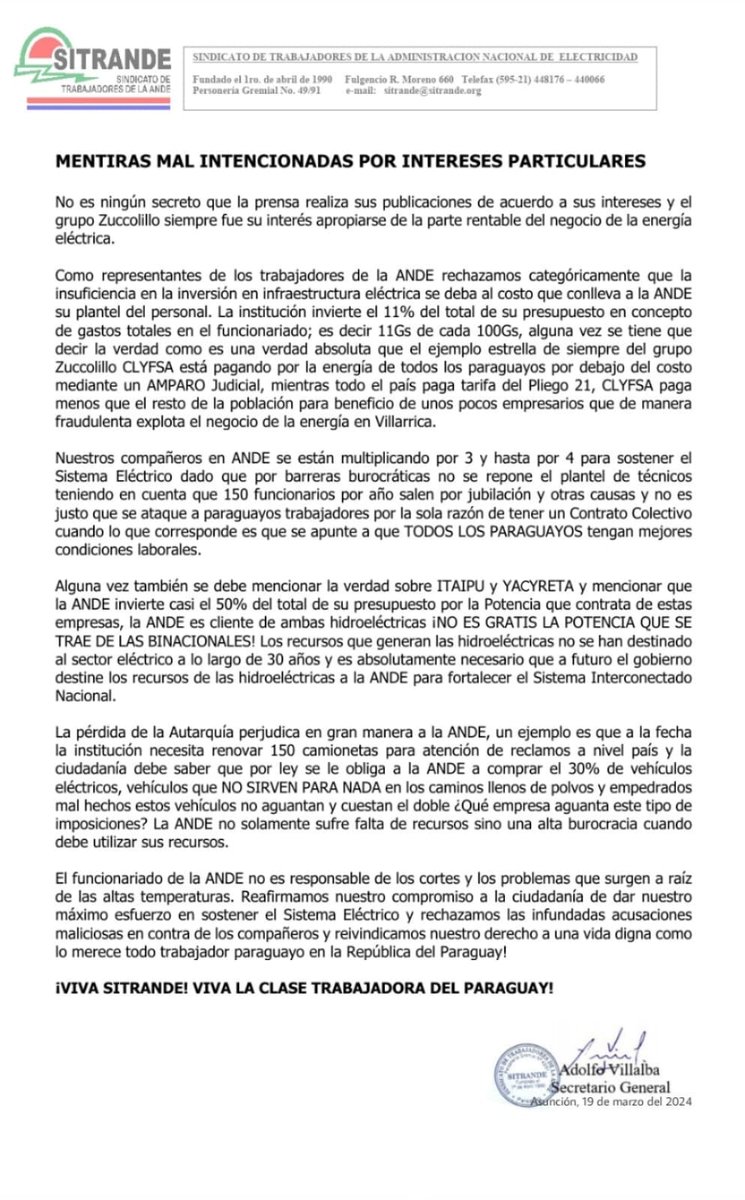 LAS MENTIRAS DEL GRUPO ZUCOLILLO POR LAS  INTENCIONES DE QUEDARSE CON EL NEGOCIO DE LA ENERGIA ELÉCTRICA! LOS FUNCIONARIOS DE LA ANDE NO SOMOS RESPONSABLES DE LAS MALAS INVERSIONES Y NEGOCIADOS QUE HA SUFRIDO LA ANDE A LO LARGO DE LOS AÑOS!@ABCDigital